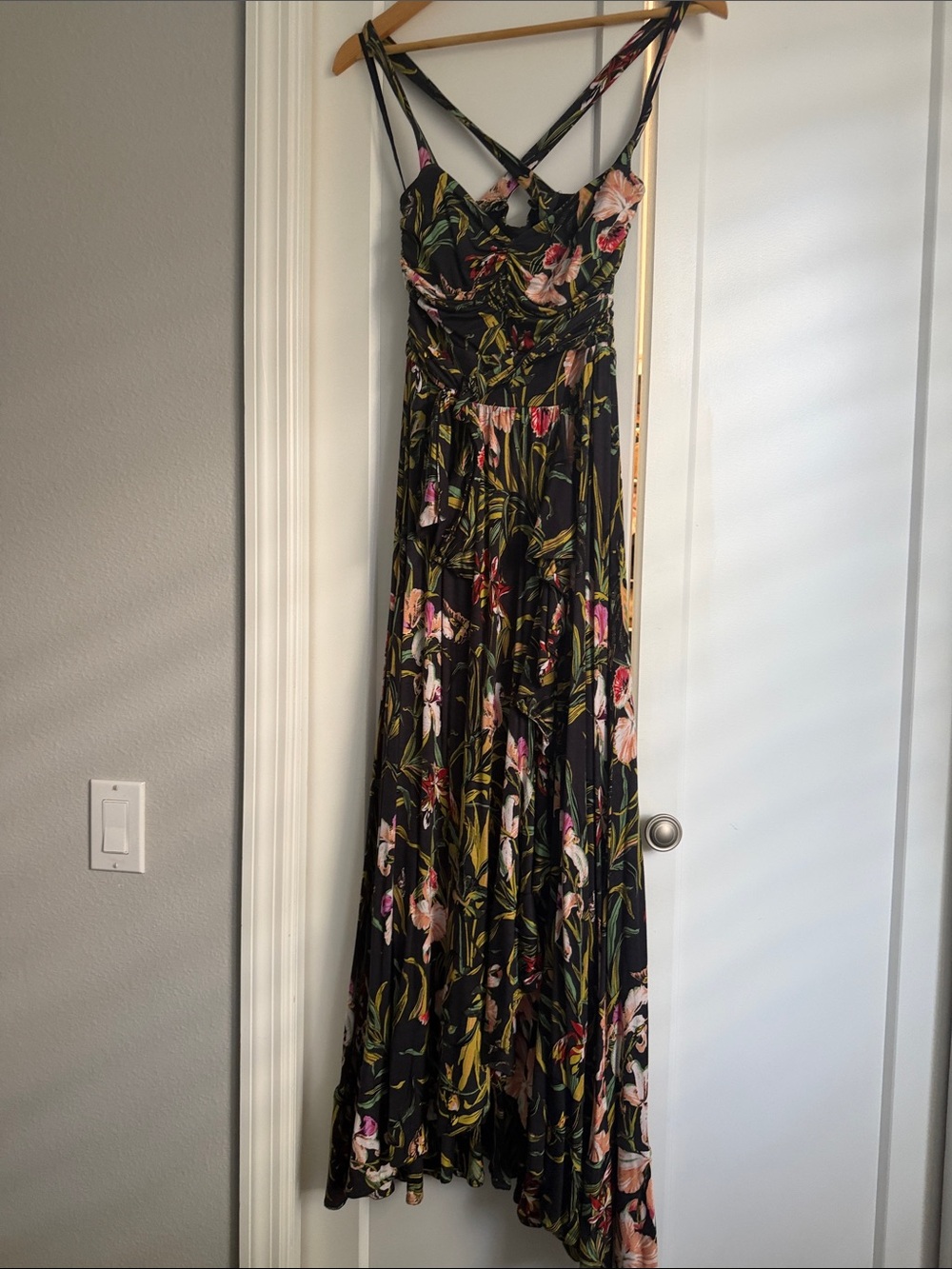 Maeve Black Floral Maxi Dress with Pink & Green Accents